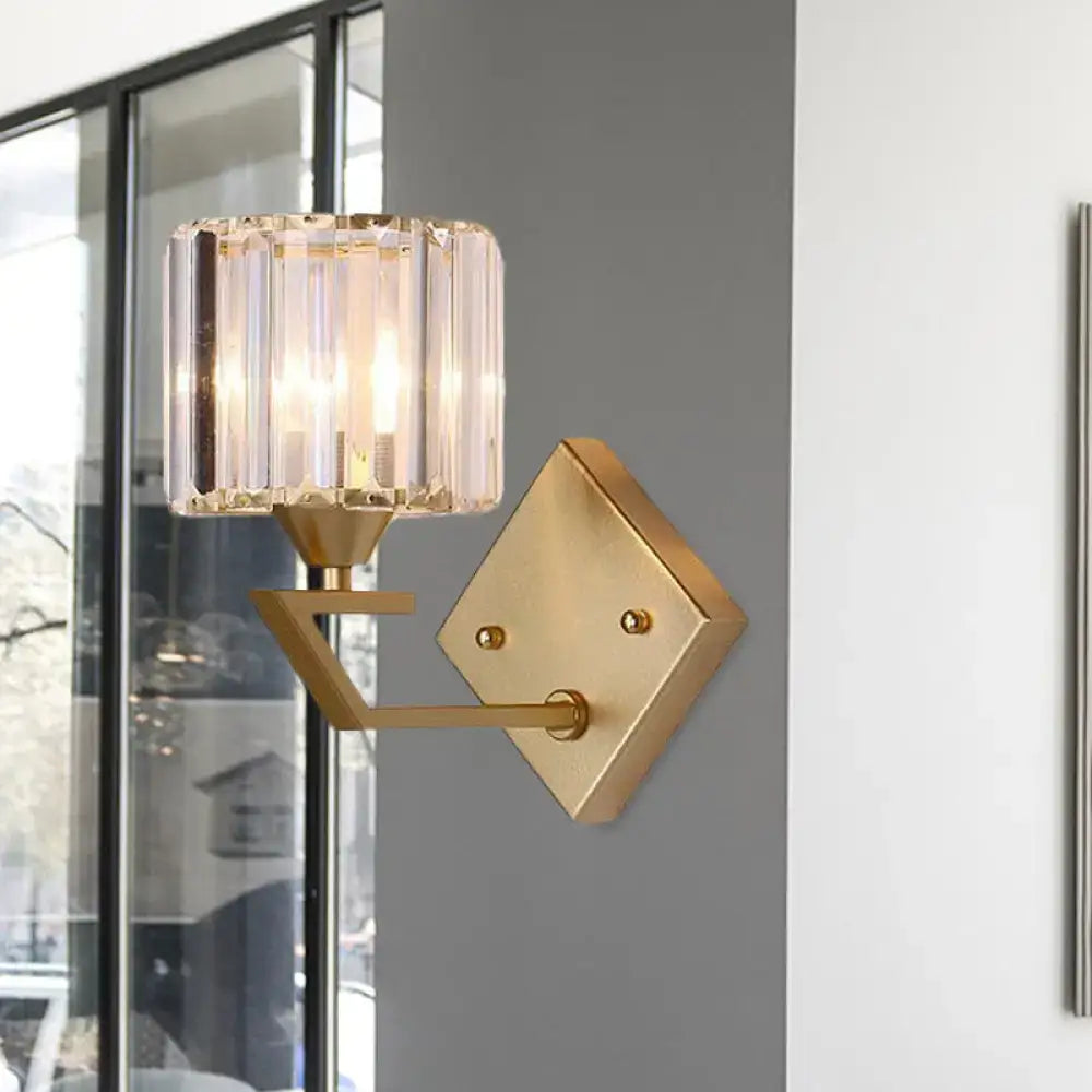 Minimalist gold crystal block wall sconce with faceted shade and geometric arm for 110v-120v bedroom lighting