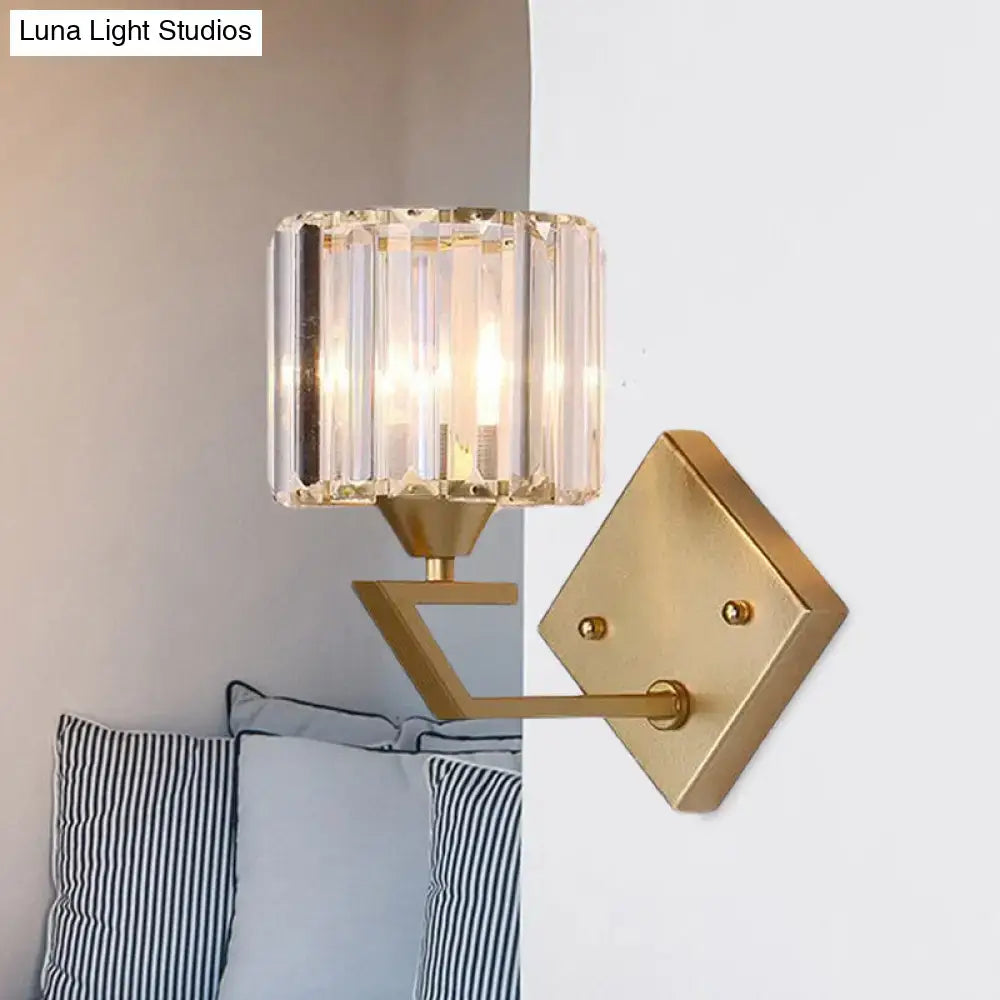 Minimalist gold wall sconce with faceted crystal block shade suitable for 110v-120v and 220v-240v use