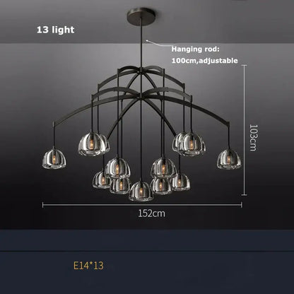 Black metal chandelier with 13 clear glass globe shades featuring decorbites k9 crystal for elegant crystal chandelier lighting