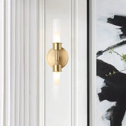 Minimalist gold double cylinder wall sconce with frosted glass shade and geometric design 12 inch fixture for bedroom