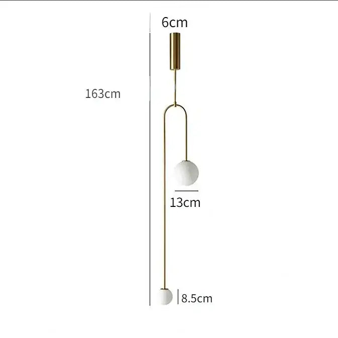 Minimalist gold double head glass pendant light with slender brass frame and two white head glass ball shades for bedroom