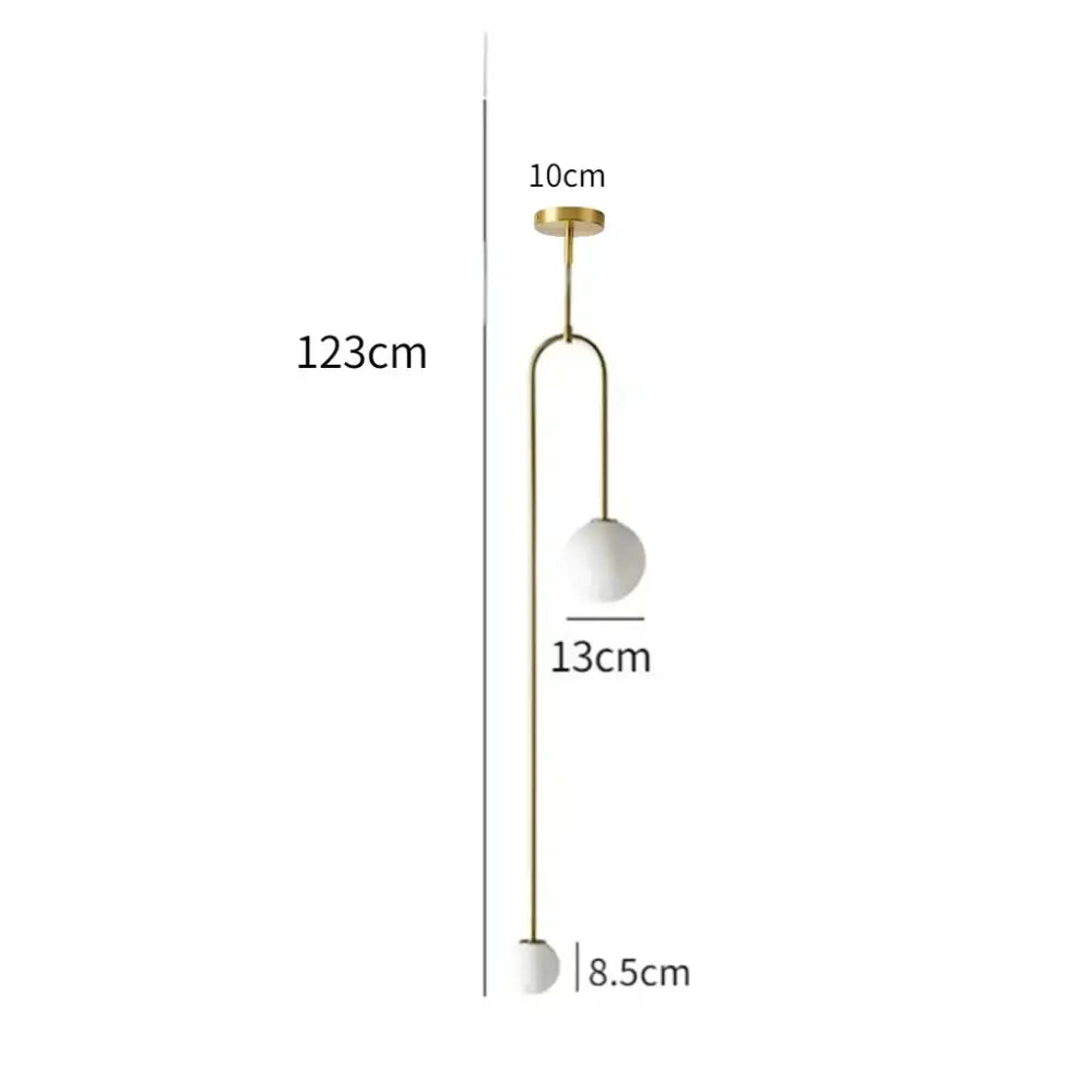 Minimalist gold double head glass pendant light with slender metal frame and two white spherical head glass ball shades