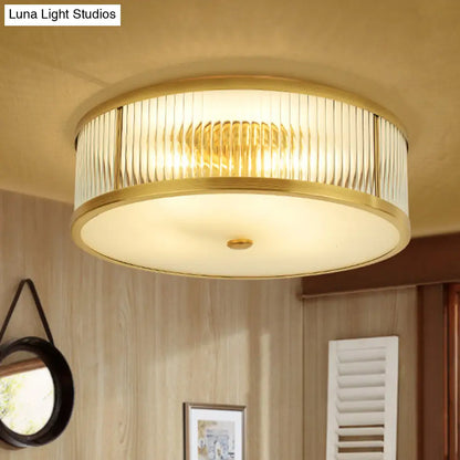 DecorBites™ DecorBites™ Minimalist Gold Drum Flush Mount Ceiling Light with Ribbed Glass - 4 Heads, Ideal for Bedrooms