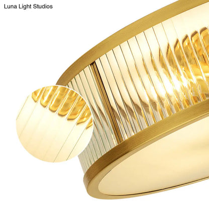 DecorBites™ DecorBites™ Minimalist Gold Drum Flush Mount Ceiling Light with Ribbed Glass - 4 Heads, Ideal for Bedrooms