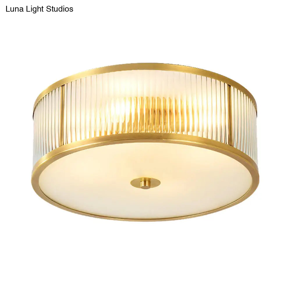 DecorBites™ DecorBites™ Minimalist Gold Drum Flush Mount Ceiling Light with Ribbed Glass - 4 Heads, Ideal for Bedrooms