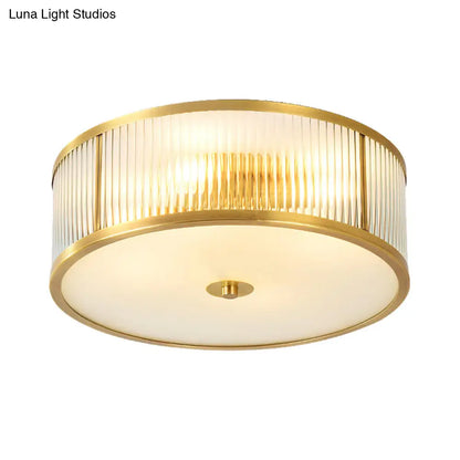 DecorBites™ DecorBites™ Minimalist Gold Drum Flush Mount Ceiling Light with Ribbed Glass - 4 Heads, Ideal for Bedrooms