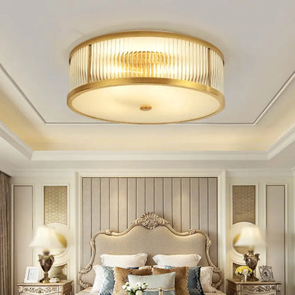 DecorBites™ DecorBites™ Minimalist Gold Drum Flush Mount Ceiling Light with Ribbed Glass - 4 Heads, Ideal for Bedrooms