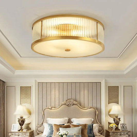 DecorBites™ DecorBites™ Minimalist Gold Drum Flush Mount Ceiling Light with Ribbed Glass - 4 Heads, Ideal for Bedrooms