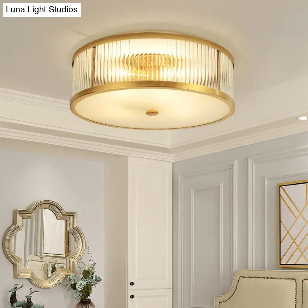 DecorBites™ DecorBites™ Minimalist Gold Drum Flush Mount Ceiling Light with Ribbed Glass - 4 Heads, Ideal for Bedrooms