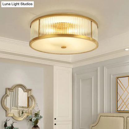 DecorBites™ DecorBites™ Minimalist Gold Drum Flush Mount Ceiling Light with Ribbed Glass - 4 Heads, Ideal for Bedrooms