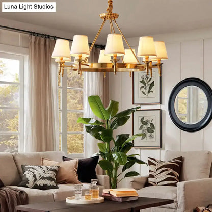 Minimalist gold fabric bedroom conical ceiling chandelier with six cream-colored fabric shades in gold tone