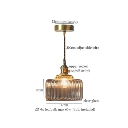 Minimalist gold faceted bubble glass led hanging light with clear ridged glass shade and brass iron canopy for dining room