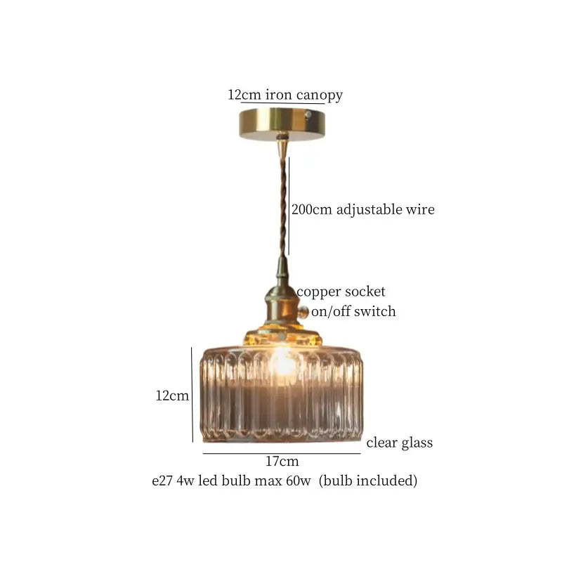 Minimalist gold faceted bubble glass led hanging light with clear ridged glass shade and brass iron canopy for dining room