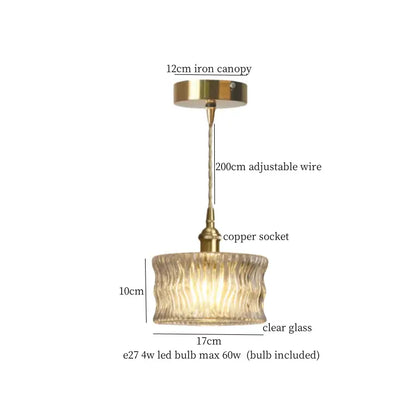 Minimalist gold faceted bubble glass led hanging light with brass finish and clear ribbed glass shade for dining room