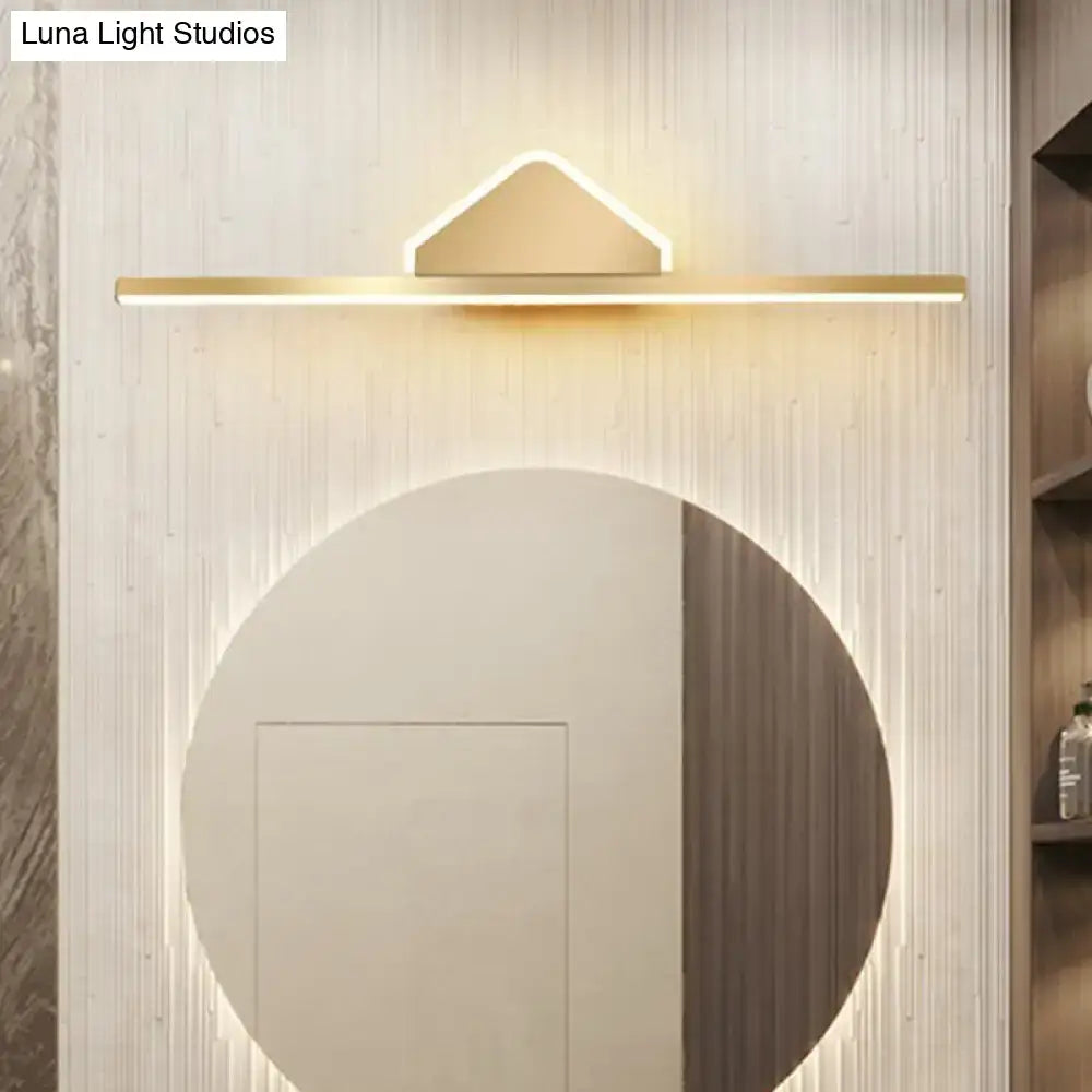 Minimalist gold finish led vanity light with acrylic linear led and sleek triangular wall-mounted design emitting warm light