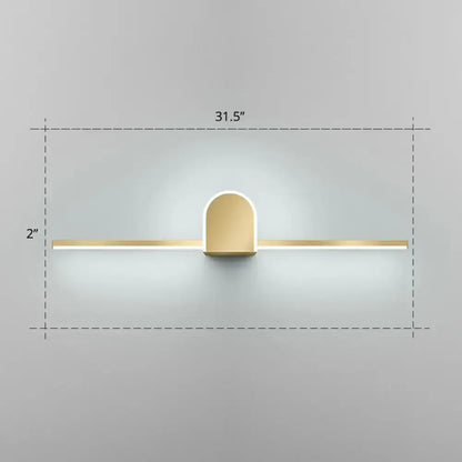 Minimalist gold finish led vanity light with acrylic linear led strips and arched central fixture for bathroom walls