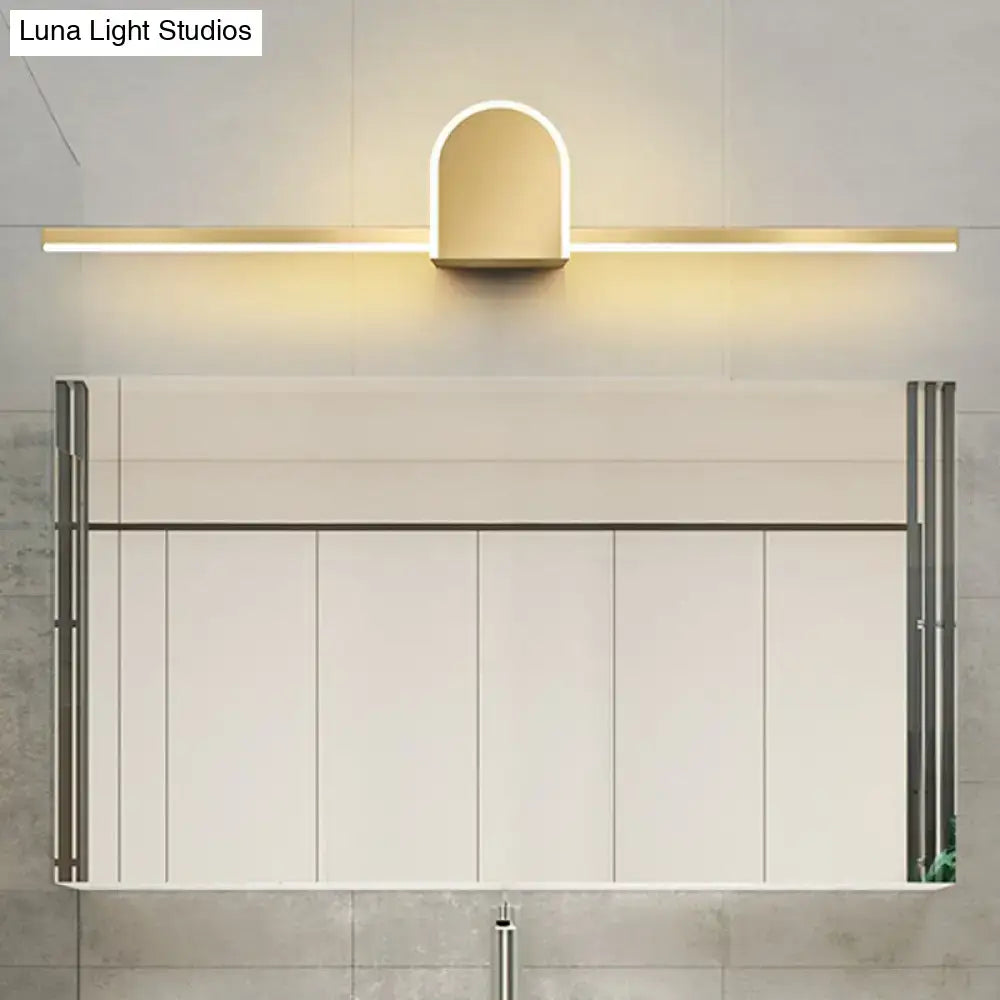 Minimalist gold finish led vanity light with acrylic linear led bars and sleek arched center for bathroom walls
