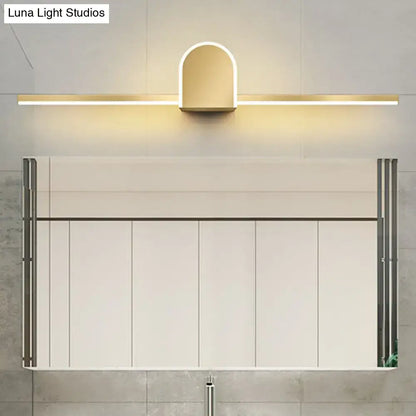 Minimalist gold finish led vanity light with acrylic linear led bars and sleek arched center for bathroom walls