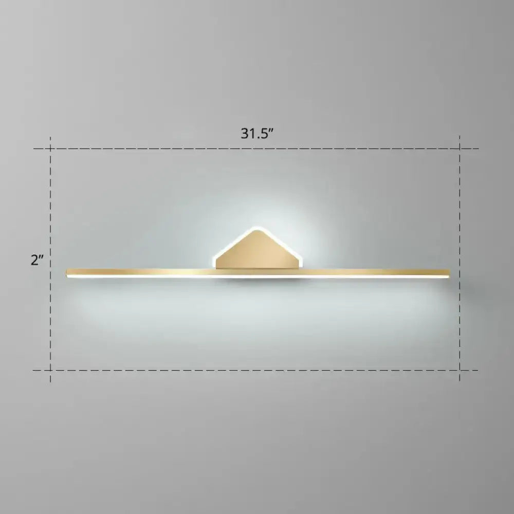 Minimalist gold finish led vanity light with acrylic linear led and triangular accent for modern bathroom walls