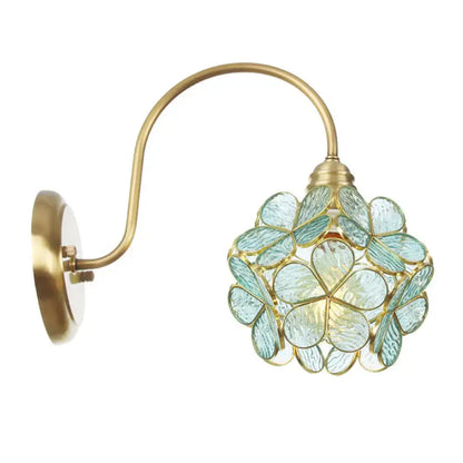 Minimalist gold floral wall sconce with translucent blue glass shade for living room compatible with e26 e27 bulbs