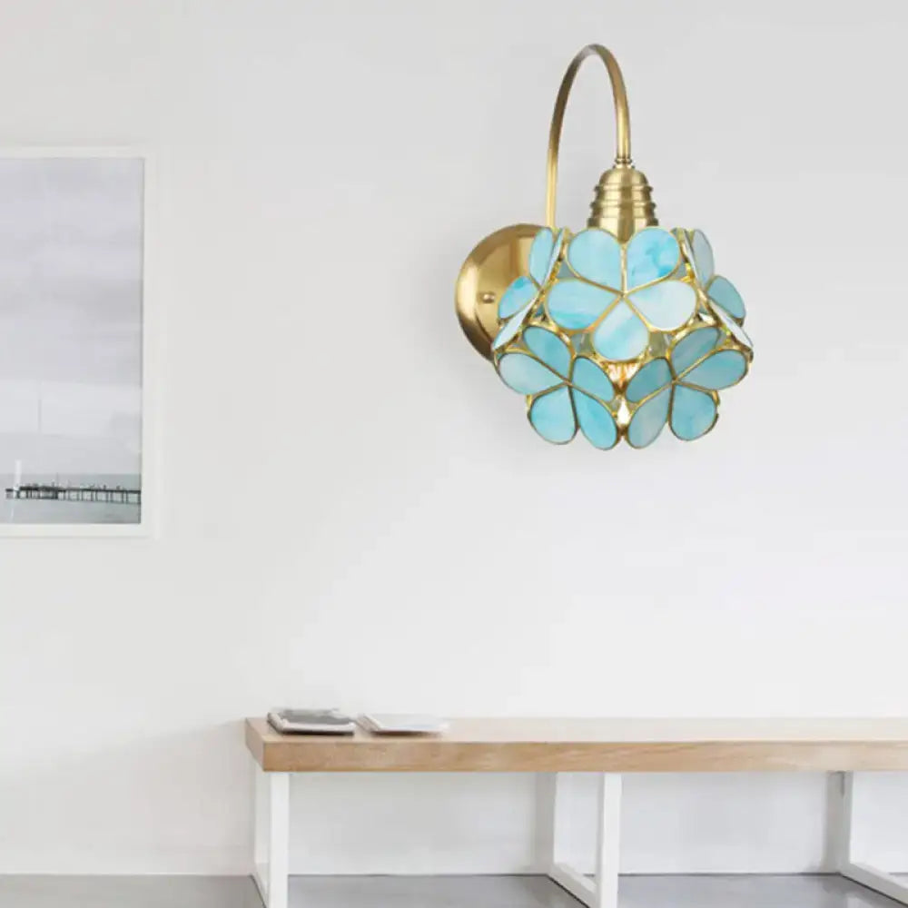 Minimalist gold floral wall sconce with brass base and light blue glass shade for living room e26 e27 bulb use
