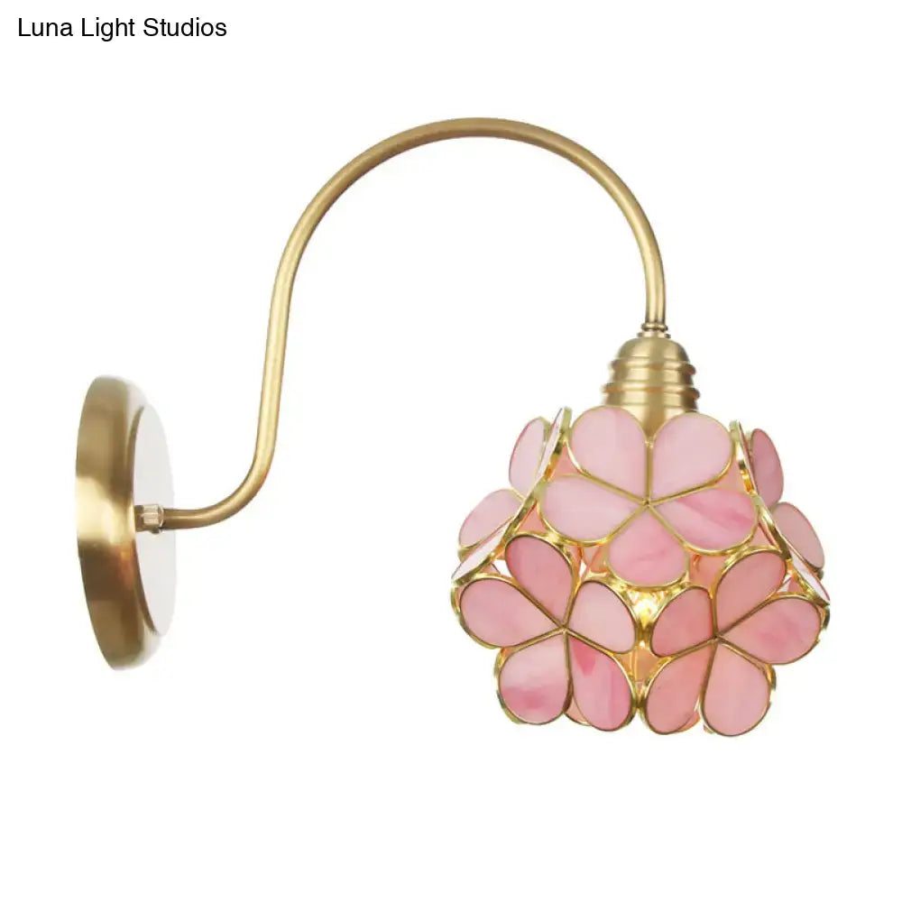 Minimalist gold floral wall sconce with pink glass shade and curved arm for living room e26 e27 bulbs
