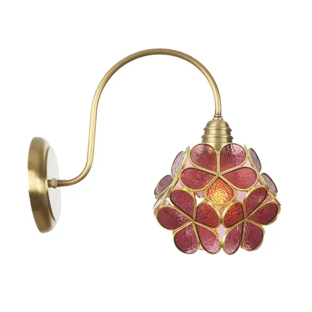 Minimalist gold floral wall sconce with brass finish and pink red glass shade for living room e26 e27 socket