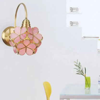 Minimalist gold floral wall sconce with delicate pink stained glass shade for living room e26 e27 use