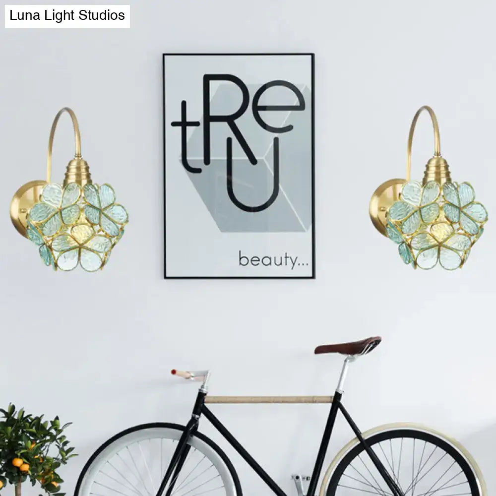 Minimalist gold floral wall sconce with translucent light blue glass shade for living room compatible with e26 e27 bulbs