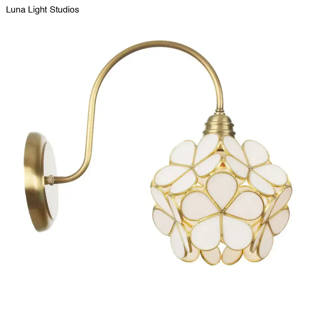Minimalist gold floral wall sconce with brass finish and white glass shade for living room with e26 e27 bulb