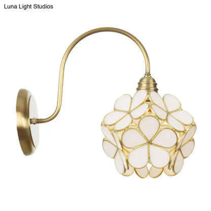 Minimalist gold floral wall sconce with brass finish and white glass shade for living room with e26 e27 bulb