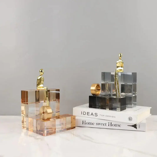 Minimalist gold-toned geometric stair crystal ornament with acrylic cubes for modern living room decorbites decor