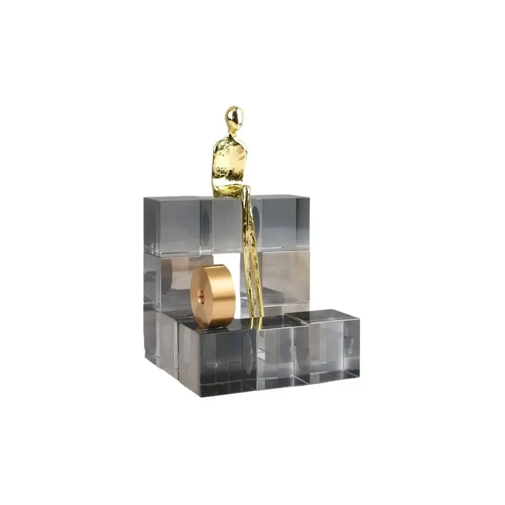 Minimalist gold geometric stair crystal ornament with golden figurine on transparent acrylic blocks for decorbites decorbites geometric stair