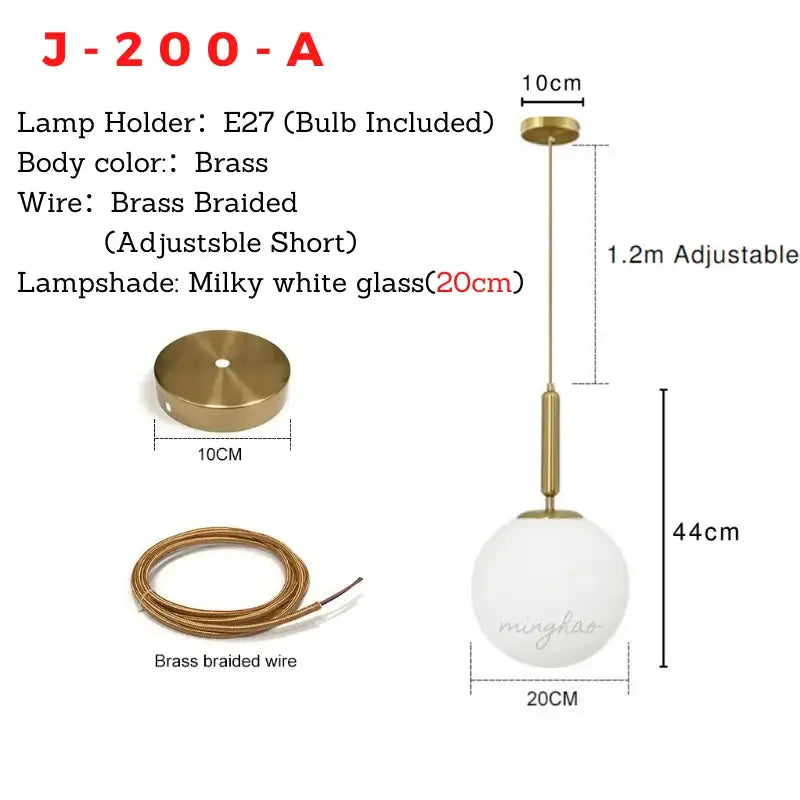 Minimalist gold glass ball led chandelier with brass braided wire and milky white 20cm glass ball shade for decorbites glass ball lighting