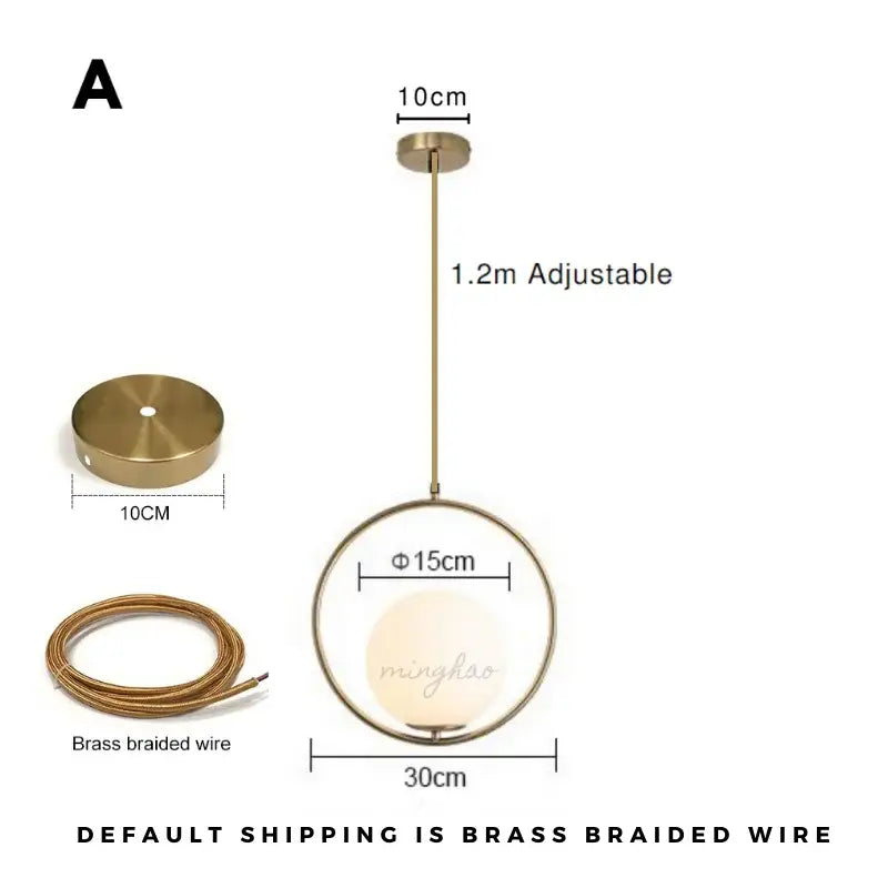 Minimalist gold glass ball led chandelier with brass circular frame frosted glass shade and adjustable wire suspension
