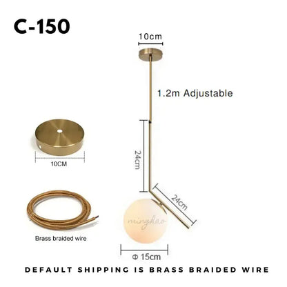 Minimalist gold glass ball led chandelier with brass pendant, frosted glass shade, and adjustable braided wire decorbites glass ball