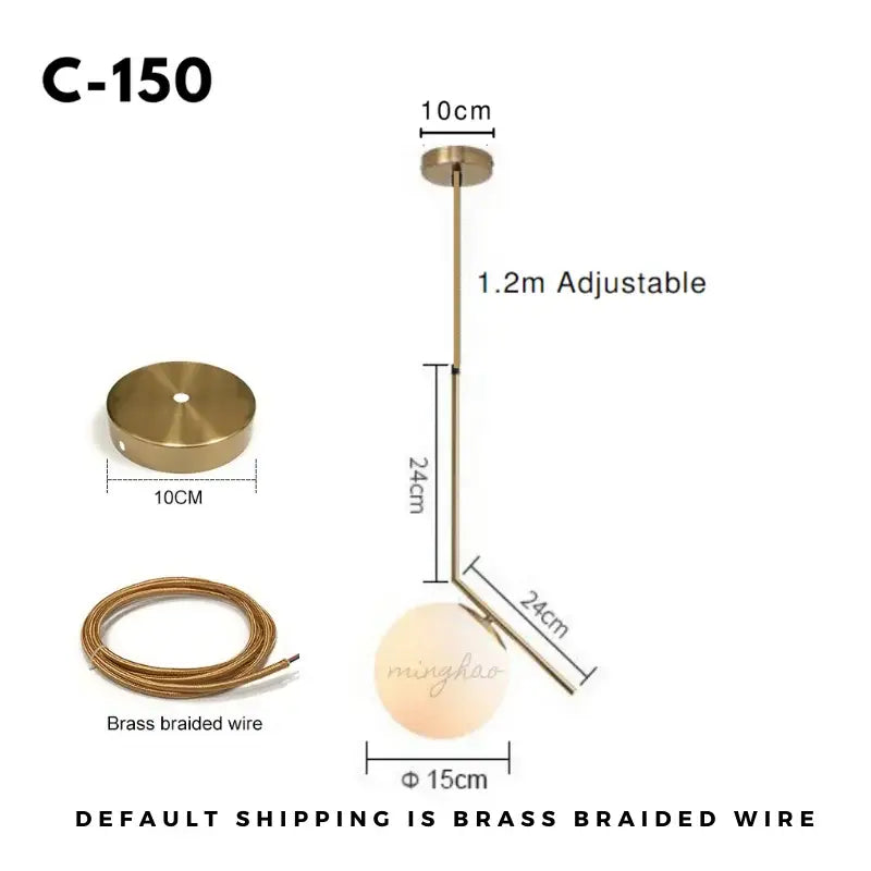 Minimalist gold glass ball led chandelier with brass pendant, frosted glass shade, and adjustable braided wire decorbites glass ball