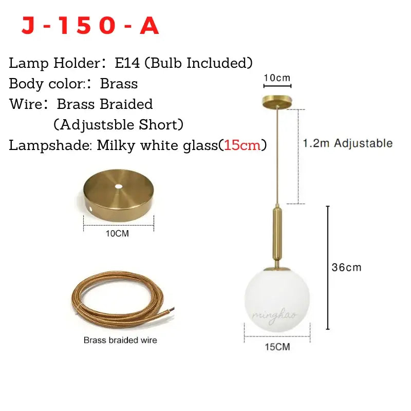 Brass-finished minimalist gold glass ball led chandelier with milky white glass globe and adjustable brass braided wire decorbites glass ball