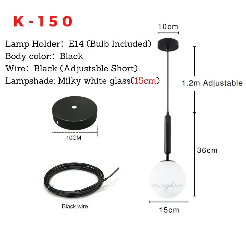 Black k-150 pendant lamp with milky white glass globe shade and adjustable wire suitable for decorbites glass ball led chandelier