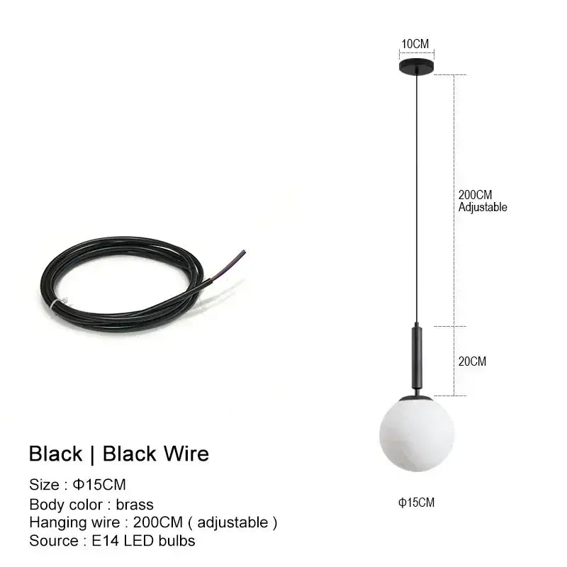 Black spherical pendant chandelier with brass body and adjustable black wire decorbites glass ball led for kitchen island decor