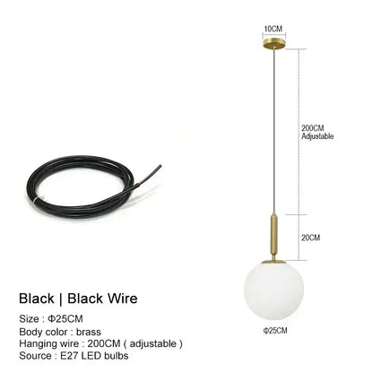Brass-finished pendant chandelier with frosted glass ball led globe and black adjustable wire for kitchen island decorbites glass ball