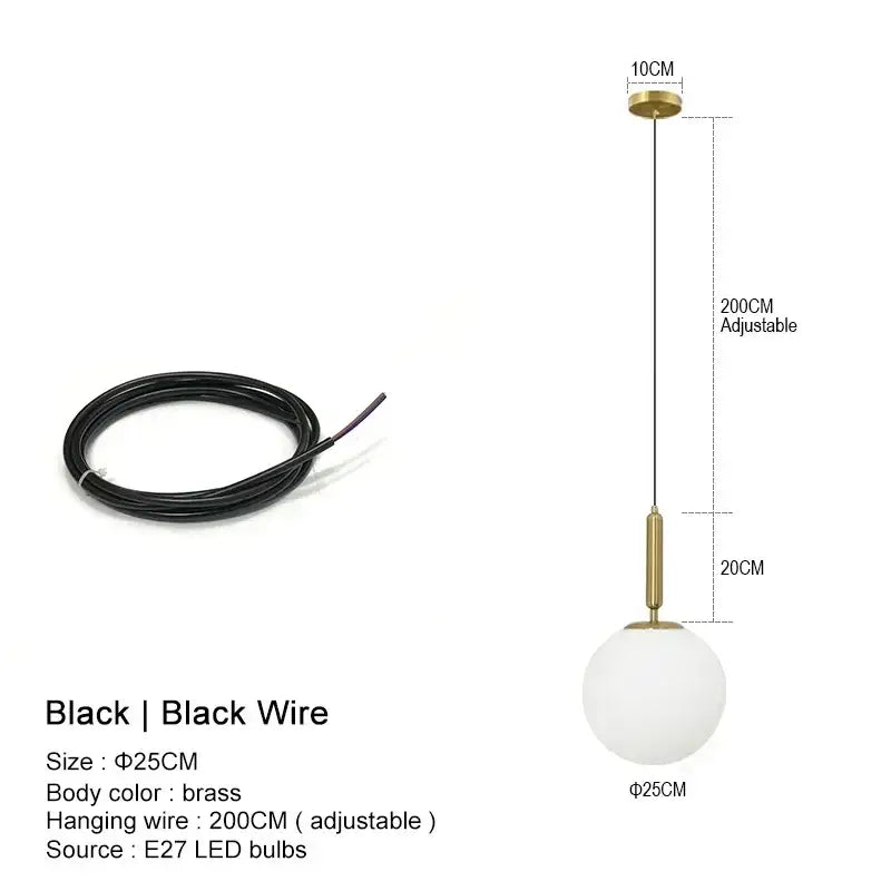 Brass-finished pendant chandelier with frosted glass ball led globe and black adjustable wire for kitchen island decorbites glass ball