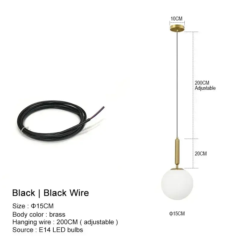 Brass-finished minimalist glass ball led pendant chandelier with black adjustable wire and e14 led bulb for kitchen island decorbites glass ball