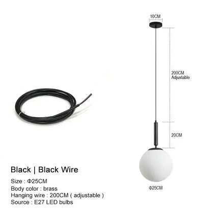 Black spherical glass ball led pendant chandelier with brass body and adjustable wire for kitchen island decorbites