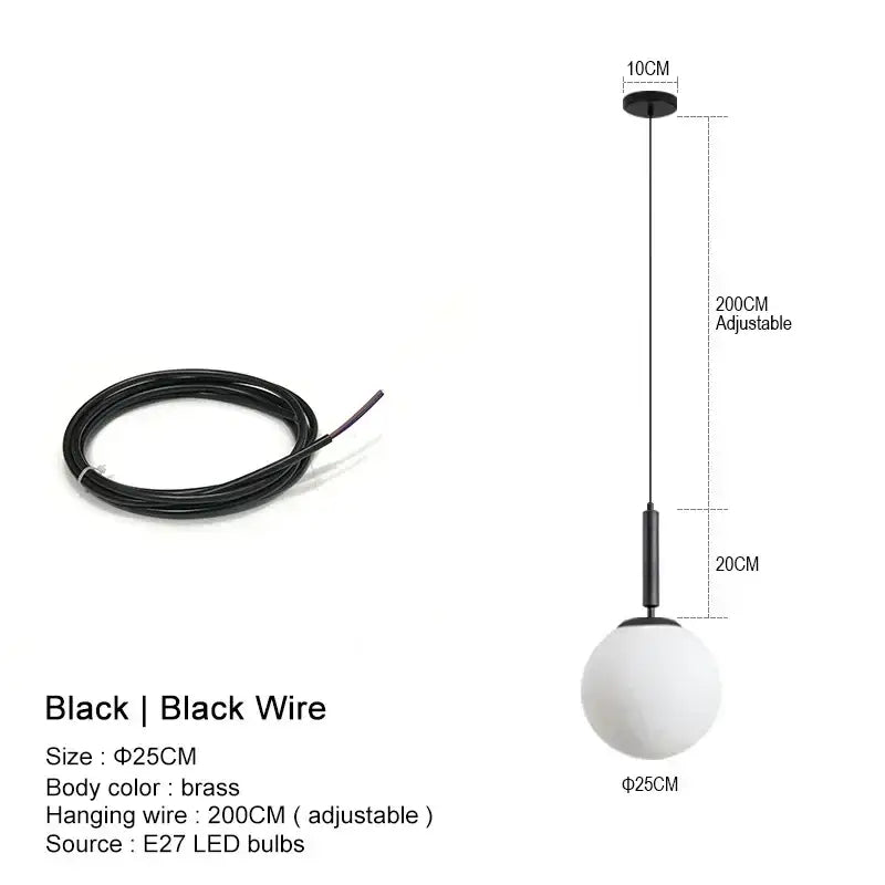Black spherical glass ball led pendant chandelier with brass body and adjustable wire for kitchen island decorbites