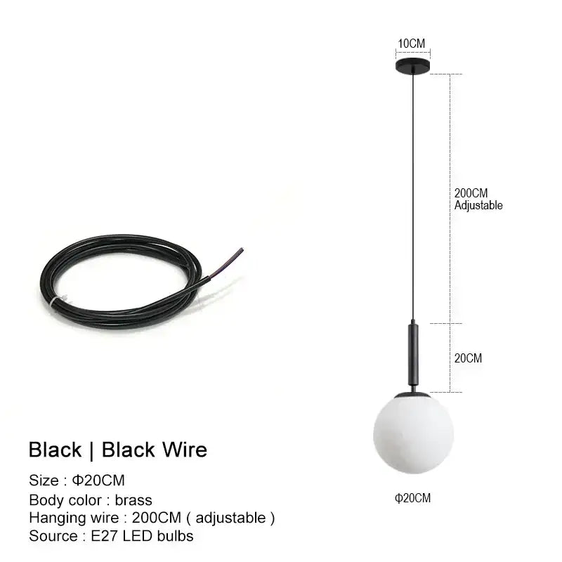 Black spherical pendant chandelier with brass body and adjustable black wire for kitchen island decorbites glass ball led
