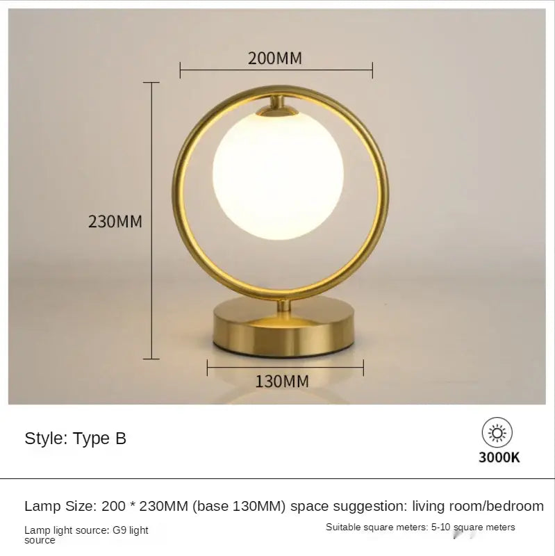Minimalist gold-toned glass ball led table lamp with frosted globe and metal frame for bedroom decorbites decorbites glass ball table lamp