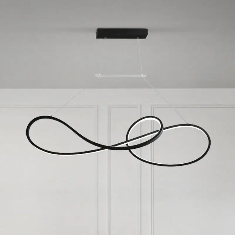 Black infinity-shaped led pendant light with minimalist metal dining design for modern led strip island dining room