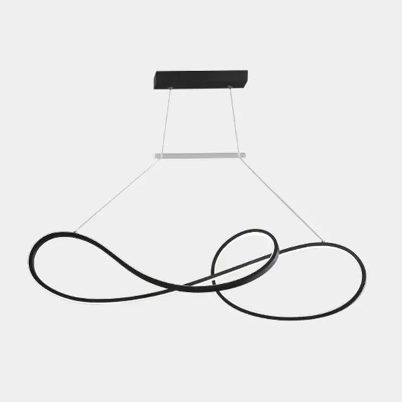 Black infinity-shaped led strip island light with minimalist metal dining design for modern metal dining room use