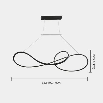 Black infinity-shaped led strip island light with minimalist metal dining room design and sleek modern chandelier structure